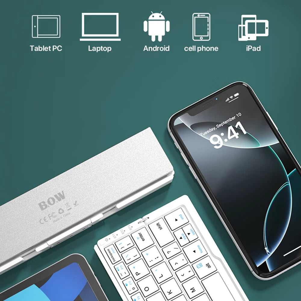 Neue Mini faltbare Bluetooth-Tastatur, kabellose Tastatur, unterstützt 3 Geräte mit Ständer, wiederaufladbar für Telefon, Tablet, portugiesische Tastatur