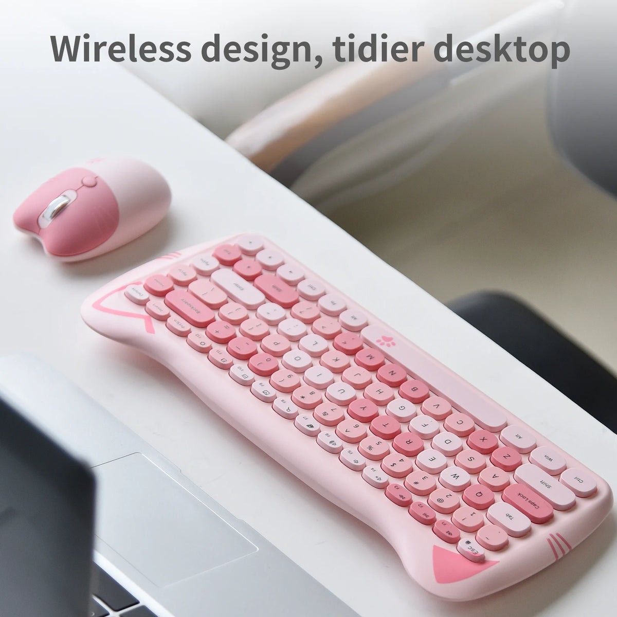 GEEZER Wireless Silent Keyboard Mouse Combo, Pink-Black Cat Ear Retro Round Keycaps US QWERTY Layout
