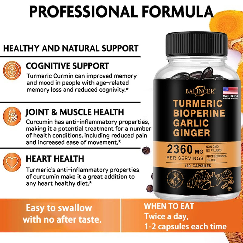 4-in-1 Turmeric Ginger Supplement with Pepperin 2360 Mg with Garlic Curcumin Black Pepper, for Joint, Digestive & Immune Support