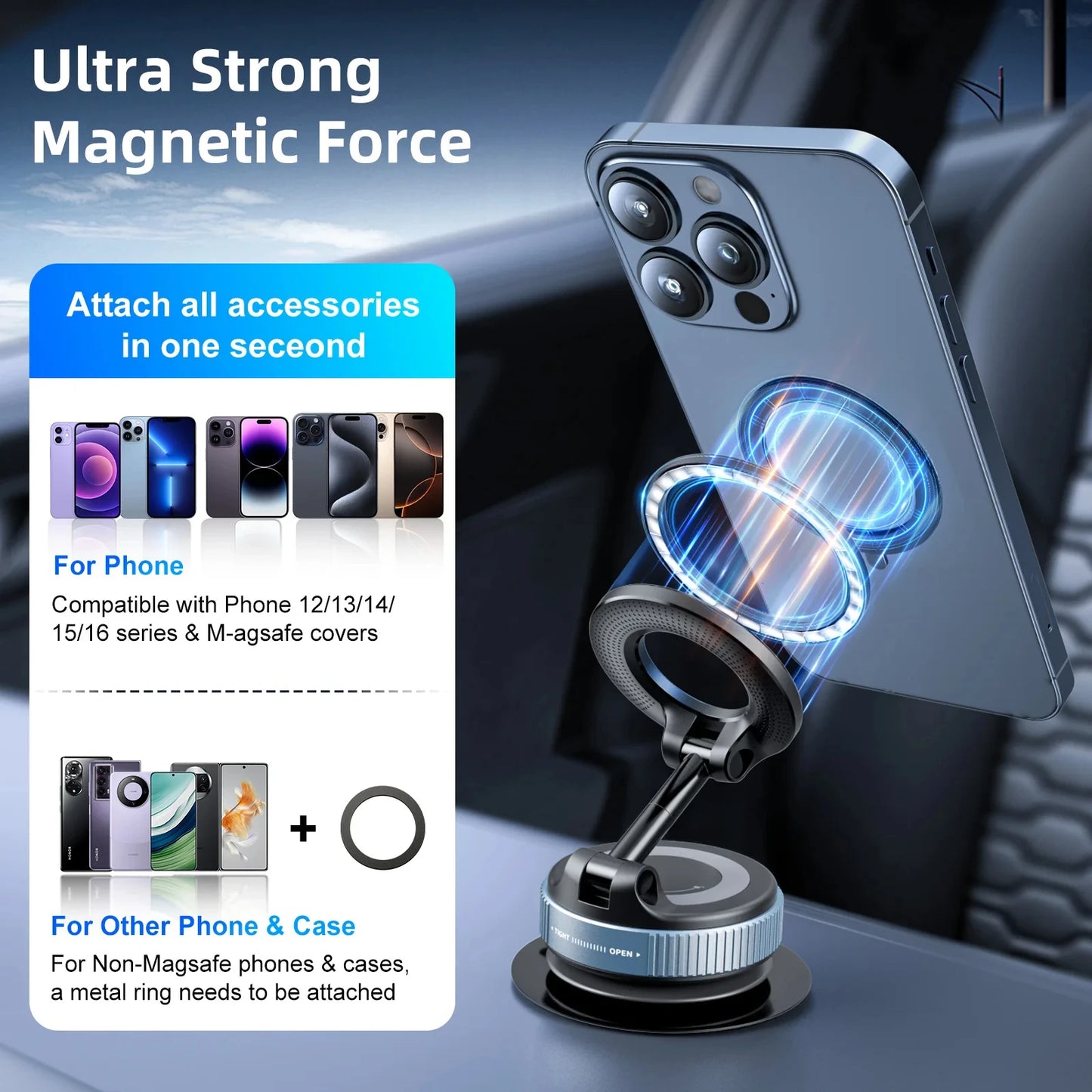 Magnetic Car Phone Holder | 360° Rotation, Vacuum Suction Cup, Universal Fit