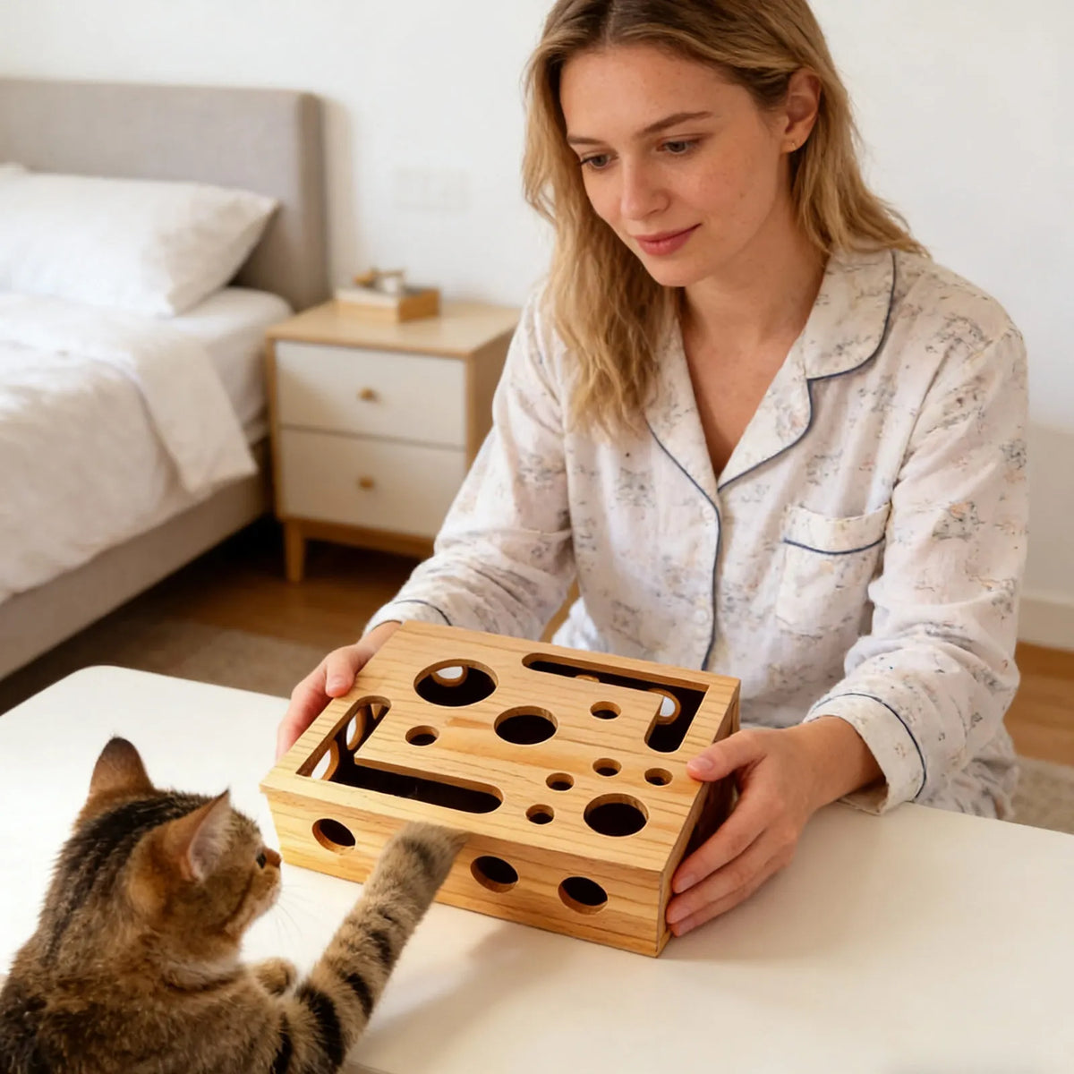 Juguetes de madera para gatos, rascadores de uñas, laberinto, estilo túnel, caja de excavación, juguetes interactivos para rascar de interior