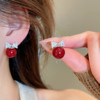 Sweet Shiny Bow Stud Earrings Women Zircon Pearl Small Earrings Elegant Delicate Versatile Christmas Party Jewelry Accessories