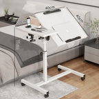 Mobile Laptop Desk with Wheels Height Adjustable Overbed Table, 180 Tiltable Bedside Computer Stand with Safety Edge Stopper, Carbon Steel Rolling Notebook Tray for Home Office Sofa Bed, White Bedroom Furniture
