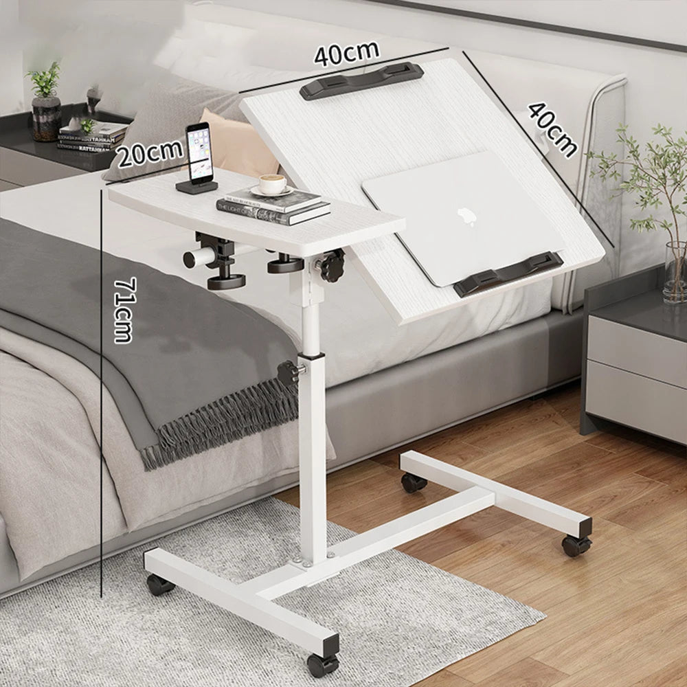 Mobile Laptop Desk with Wheels Height Adjustable Overbed Table, 180 Tiltable Bedside Computer Stand with Safety Edge Stopper, Carbon Steel Rolling Notebook Tray for Home Office Sofa Bed, White Bedroom Furniture