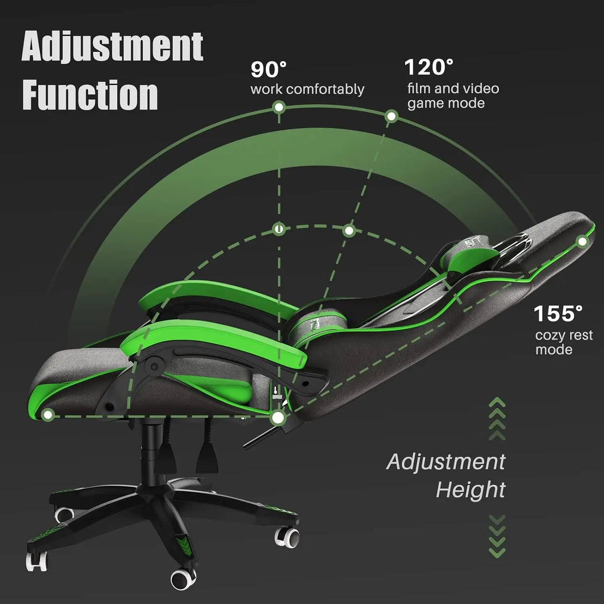 Ergonomic Gaming Chair PU Leather High Back Reclining Office Desk Chair with Lumbar Support, Racing Style, Black Green, Adjustable Headrest