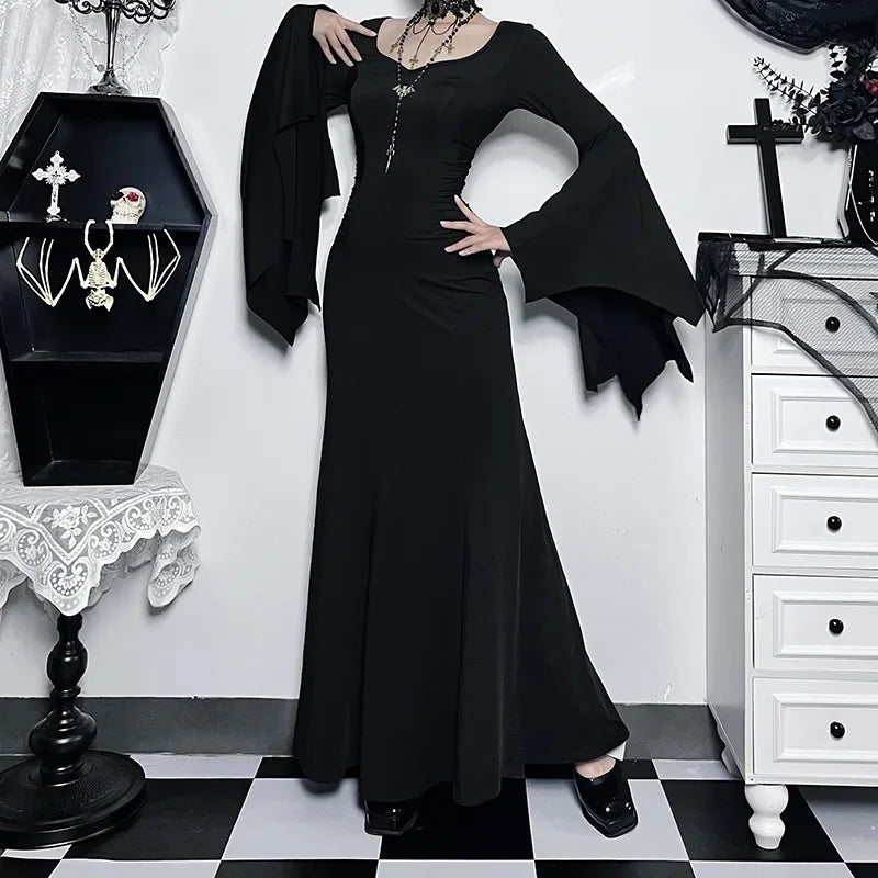 Halloween Costume Women Batwing Sleeve Floor Dress Black Gothic Evil Terror Maxi Mistress Morticia Addam Family Outfit For Adult