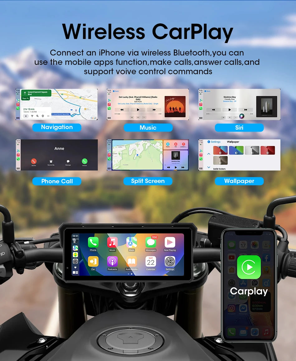 Jansite Portable 8.1 inch IP67 Waterproof Motorcycle 4K DVR GPS Navigation Wireless Carplay Android Auto Moto Recorder Monitor