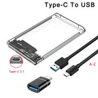 Transparent HDD Case HDD Enclosure 2.5 Inch SSD SATA To USB 2.0 Type-C Adapter Portable External Hard Drive Box Tool-Free