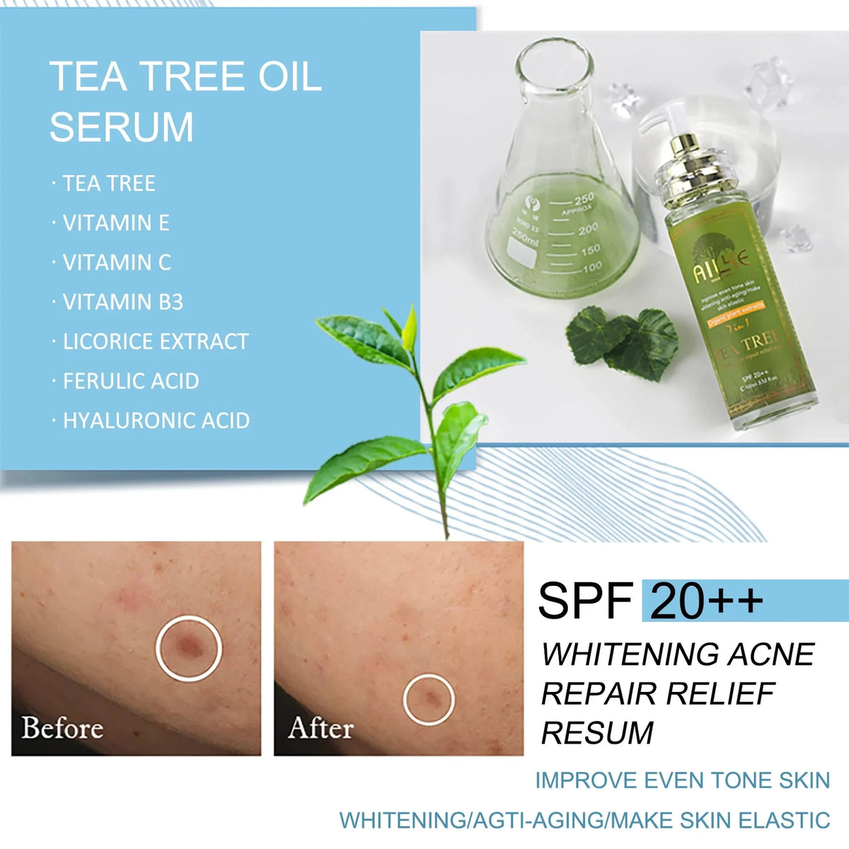 AILKE Tea Tree Oil Serum for Face and Body, Brightening, Moisturizing, Anti Acne Essence, With Vitamin E & Vitamin B3, 100ml
