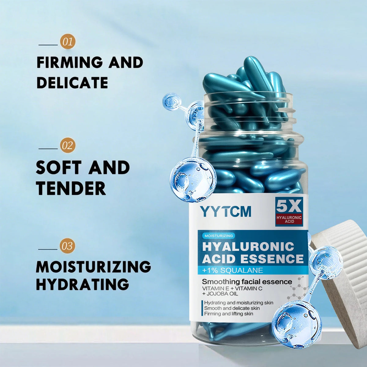 Hyaluronic Acid Deep Moisturizing Capsule Essence, Hydrates and Smoothes the Skin, Contains Plant-Derived Squalane, Vitamin E, Vi