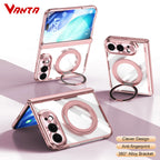 For iPhone Duo Transparent Magnetic Case For MagSafe 360° Rotating Bracket Hinge Protection Cover With Tempered Glass Film