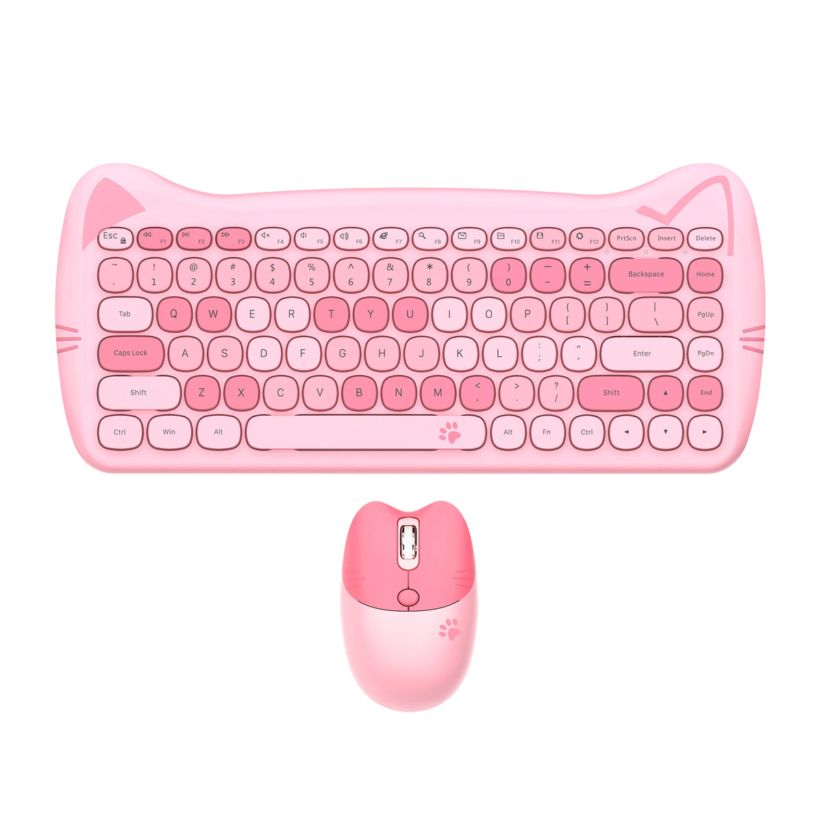 GEEZER Wireless Silent Keyboard Mouse Combo, Pink-Black Cat Ear Retro Round Keycaps US QWERTY Layout