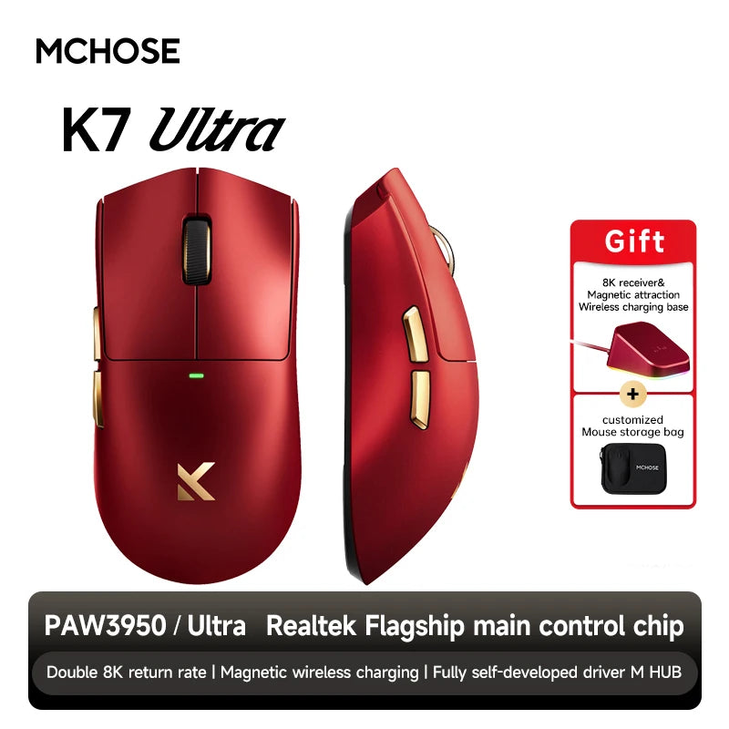 MCHOSE K7 Ultra Wireless PAW3950 Gaming Mouse Dual 8K Polling Rate Magnetic Wireless Charging Stand Office Mouse Lightweight 59g