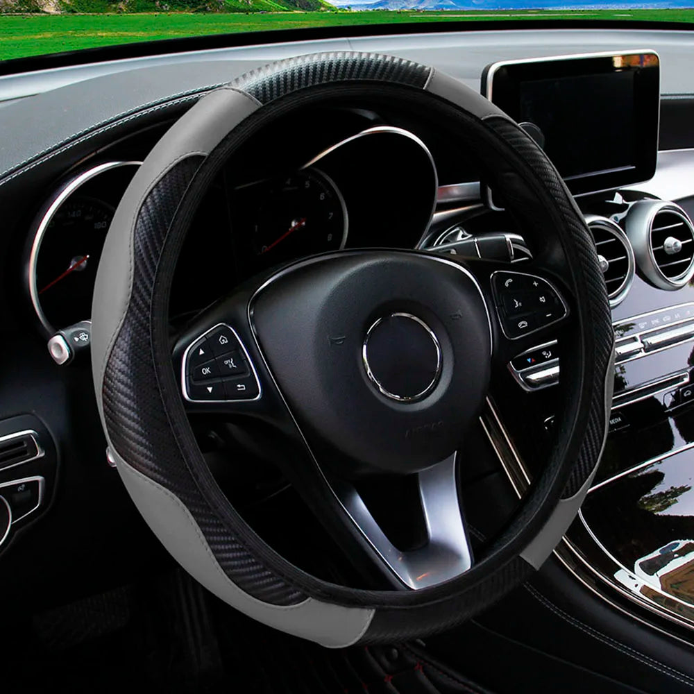 Universal Fit PU Carbon Fiber Leather Car Steering Wheel Cover 14.5-15 Inch No Inner Ring Required Vehicle Decoration Accessory
