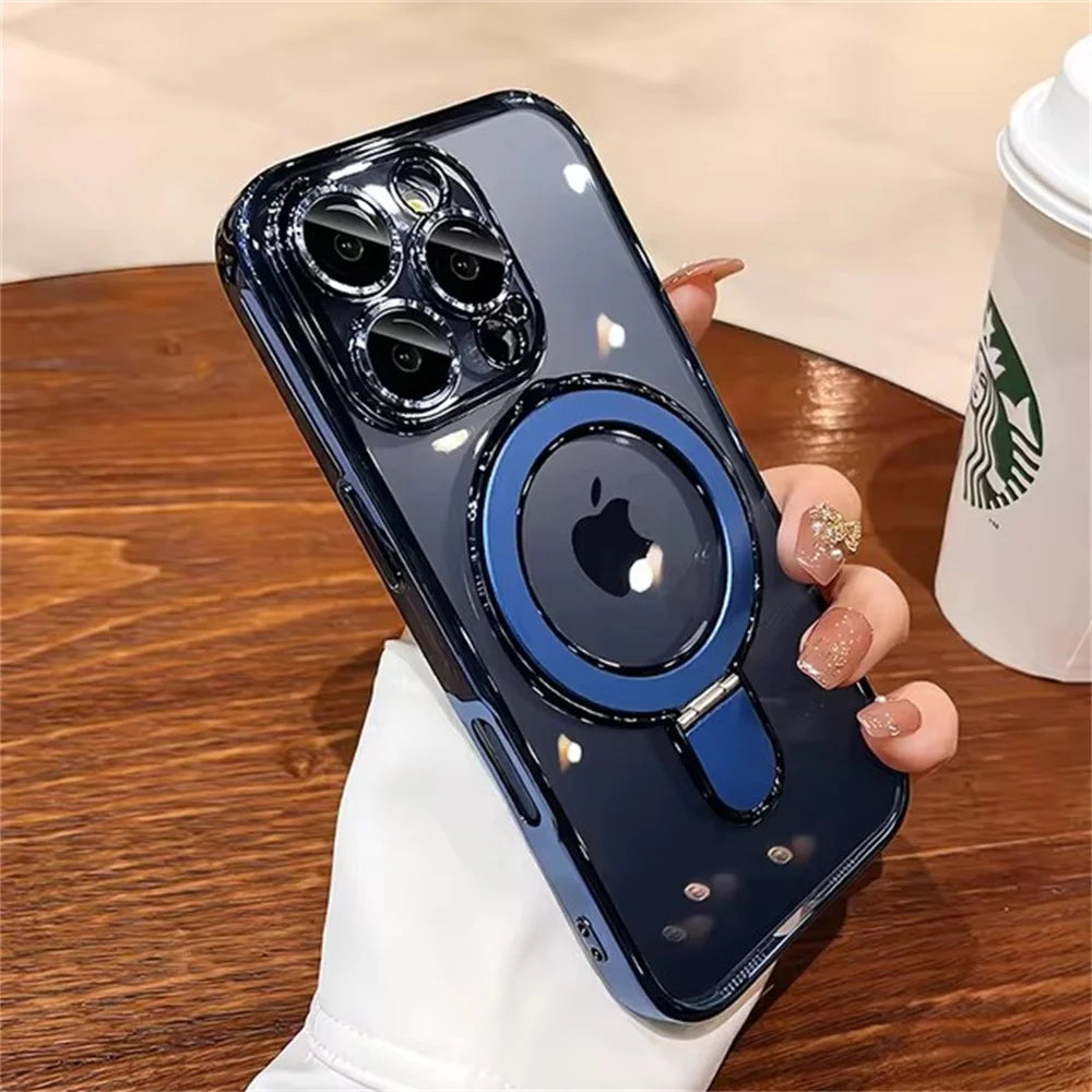Luxury For Magsafe Bracket Case For iPhone 16 17 18 15 14 13 12 Pro Max 16 Plus Magnetic Ring Stand Holder Clear Acrylic Cover