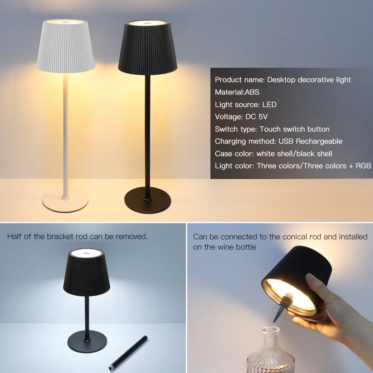 Dual Purpose Wine Bottle Vases Base Rechargeable LED Table Lamp Touch Dimmable Bedside Dinner Night Light Decor Study Desk Lamp