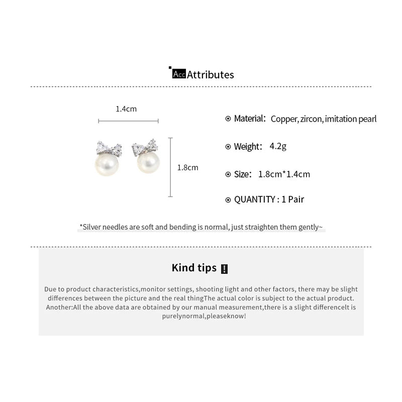 Sweet Shiny Bow Stud Earrings Women Zircon Pearl Small Earrings Elegant Delicate Versatile Christmas Party Jewelry Accessories