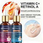 JUINHOU 2Pcs Day & Night Face Serum Set Vitamin C Retinol Hydrating Glowing Skin Make Skin Smoother And Firmer Daily Facial Care