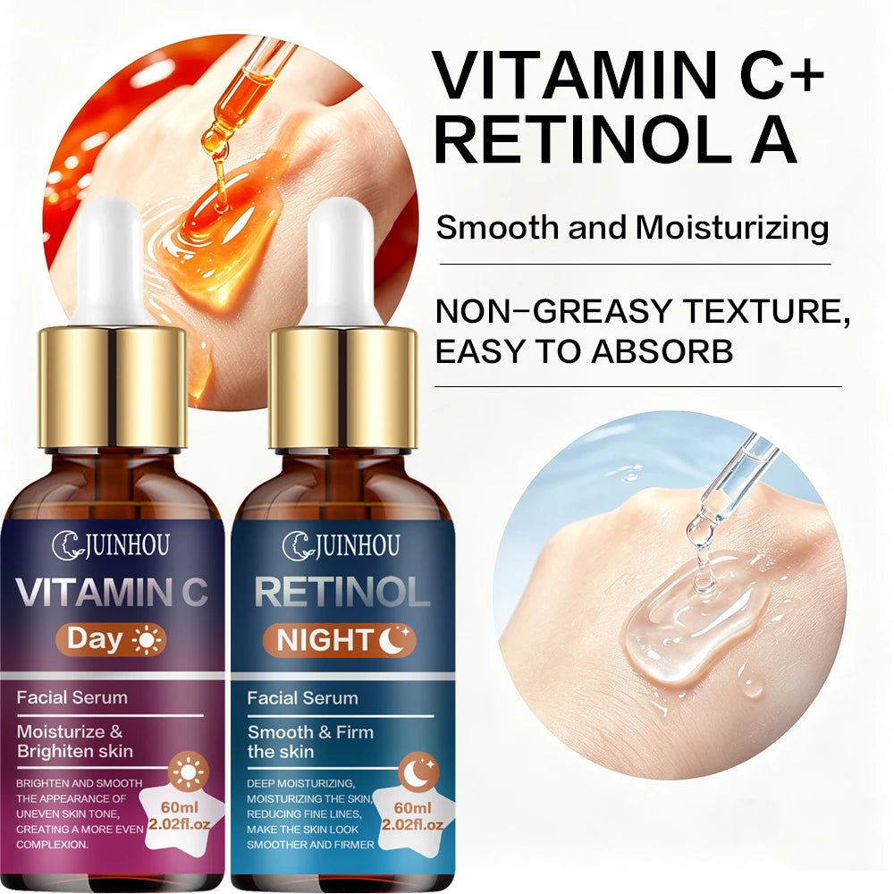 JUINHOU 2Pcs Day & Night Face Serum Set Vitamin C Retinol Hydrating Glowing Skin Make Skin Smoother And Firmer Daily Facial Care
