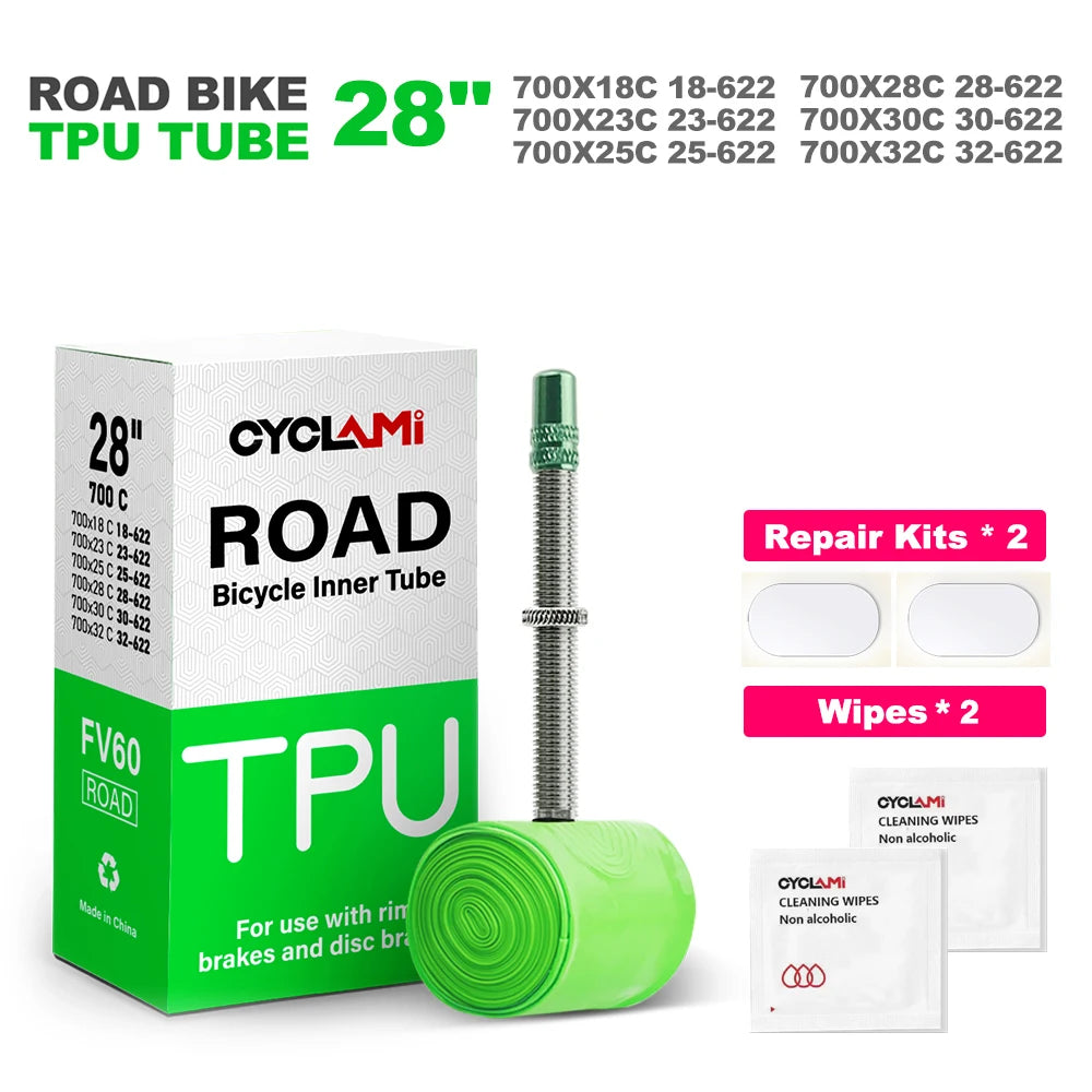 CYCLAMI Ultralight Bike TPU Inner Tube 700C 700 X 18 23 25 28 30 32 Road Bicycle TPU Material Tire 45mm 60mm Length French Valve
