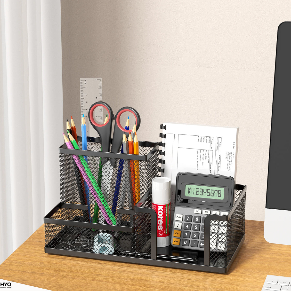 Black Mesh Office Caddy – Desk Organizer with Pencil Holder & Storage Baskets, 3 Compartments for Desktop Accessories