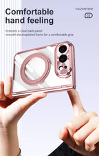 For iPhone Duo Transparent Magnetic Case For MagSafe 360° Rotating Bracket Hinge Protection Cover With Tempered Glass Film