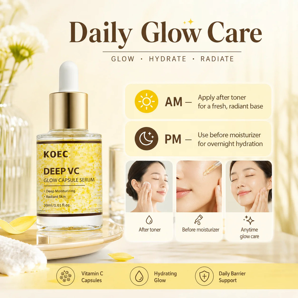 KOEC Deep Vitamin C Glow Capsule Serum, Radiance-Boosting Vitamin C Serum For Face With Niacinamide & Glutathione, For Vibrant, Even-Toned Complexion & Healthy-Looking Glow, 1.01fl.oz