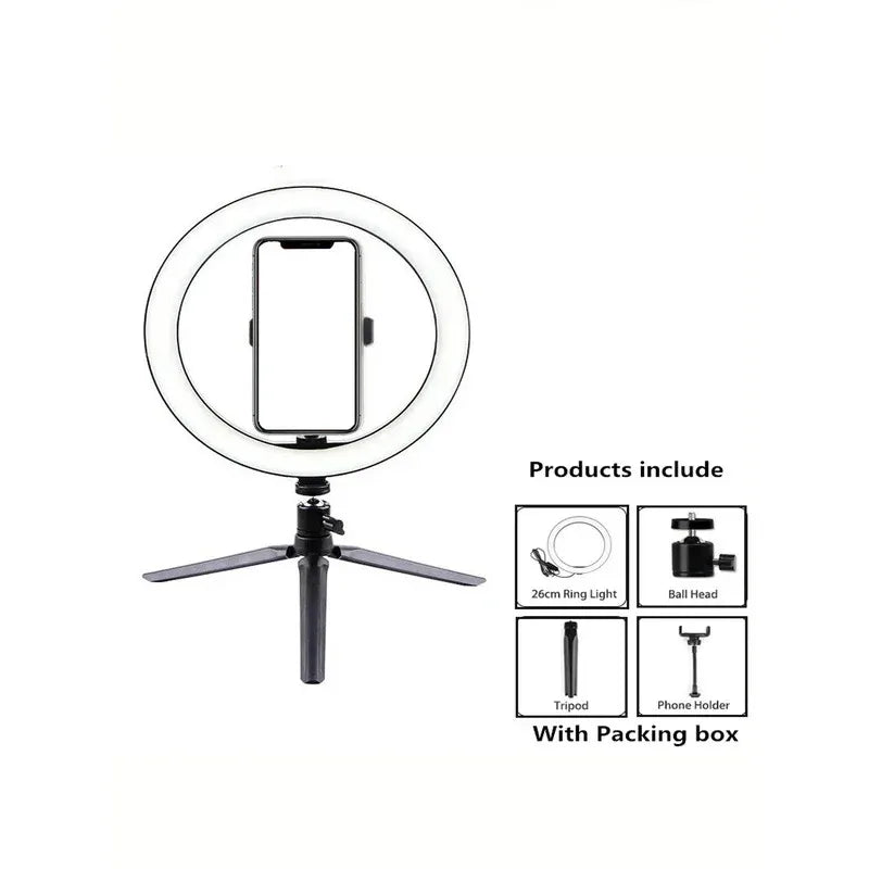 Anillo de luz LED de 26 cm con soporte de trípode - Kit de iluminación regulable de 10" para fotografía y transmisión en vivo, selfies y videos