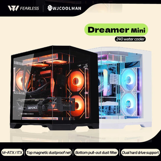WJCOOLMAN Dreamer Mini PC Case M-ATX/ITX Three Sided Glass Sea View Room 240 Water Cooler Desktop Computer Case Gabinetes Gamer