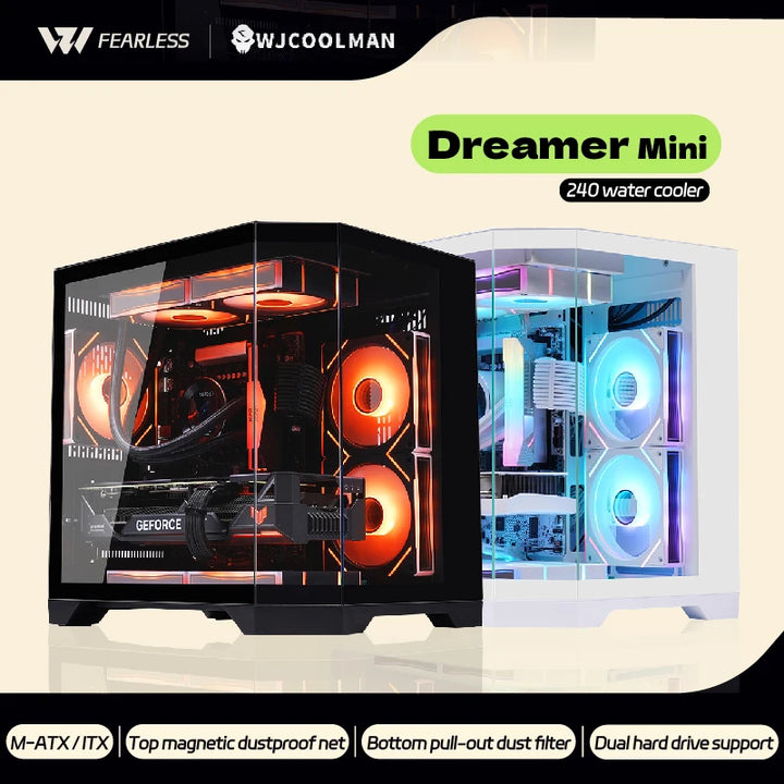 WJCOOLMAN Dreamer Mini PC Case M-ATX/ITX Three Sided Glass Sea View Room 240 Water Cooler Desktop Computer Case Gabinetes Gamer
