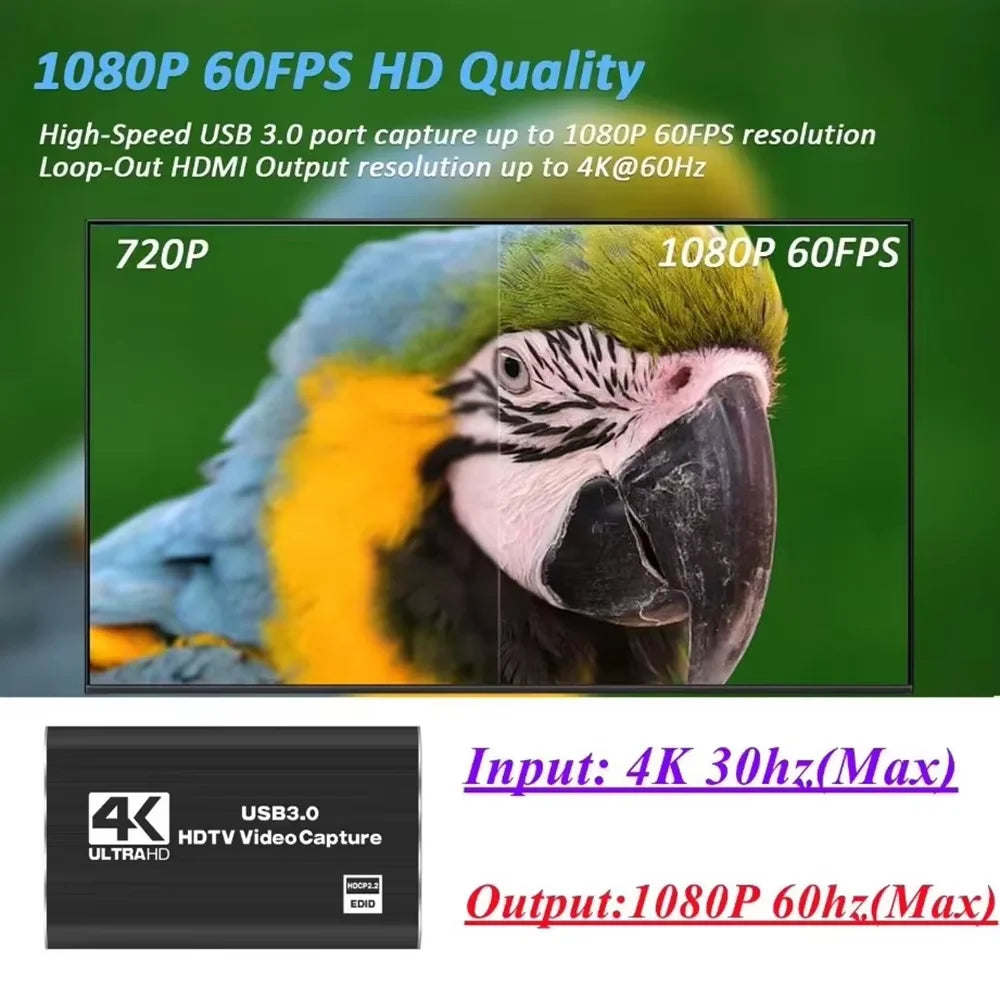 New 4K HDMI-Compatible USB 3.0 Video Capture Card 1080P 60FPS 60Hz Video Recorder Grabber for OBS Capturing Game Card Live Streaming