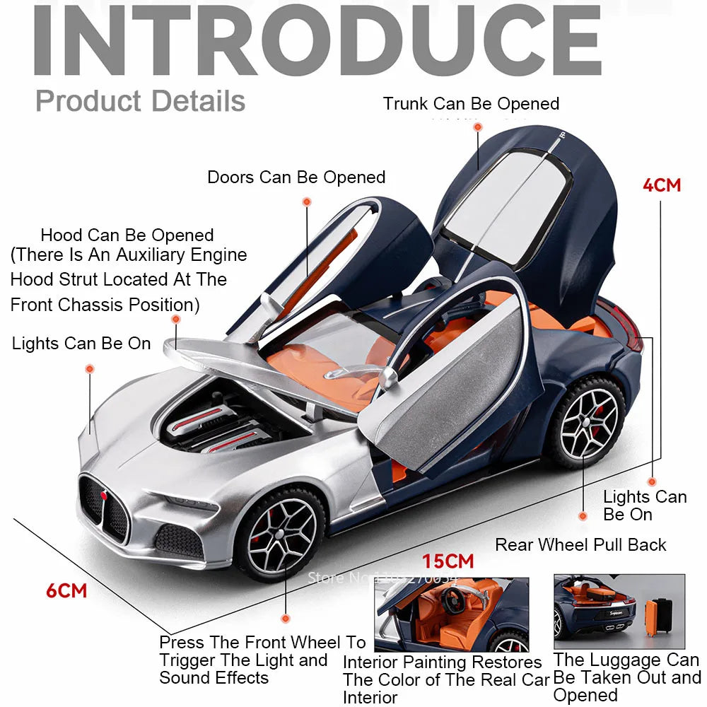 1:32 Atlantic Tourbillon Car Model Alloy Diecast Toys Doors Opened Sound Light Pull Back Miniature Models Office Table Ornaments