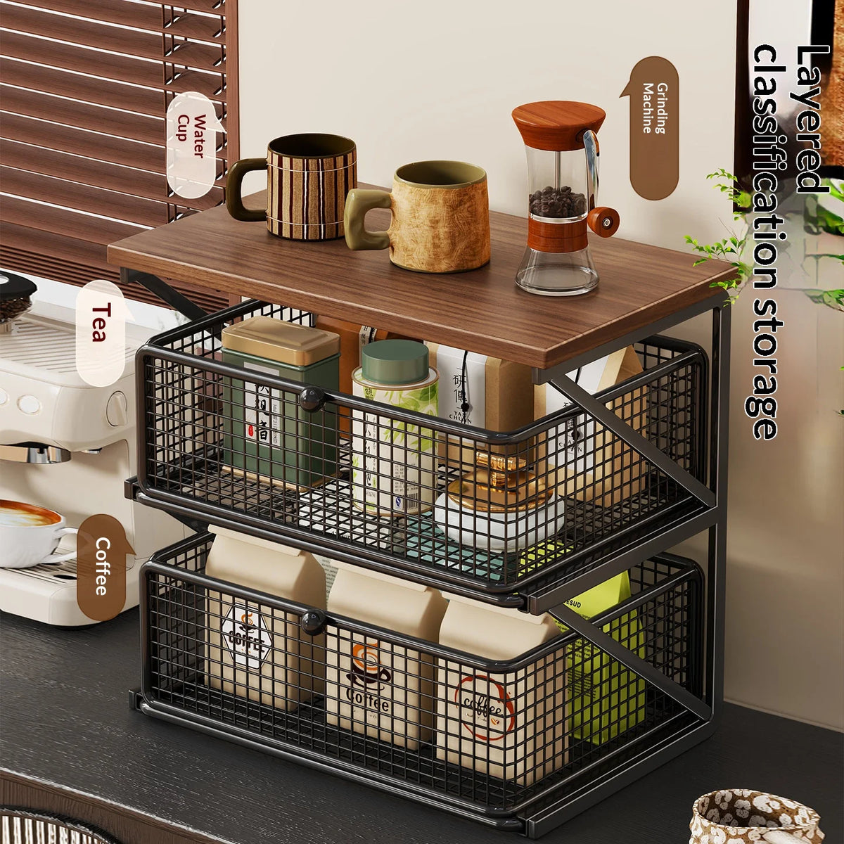 Kitchen Counter Shelf Organizer Ironwood Drawer Storage Rack Coffee Accessories Station for Room and Pantry Home Storage