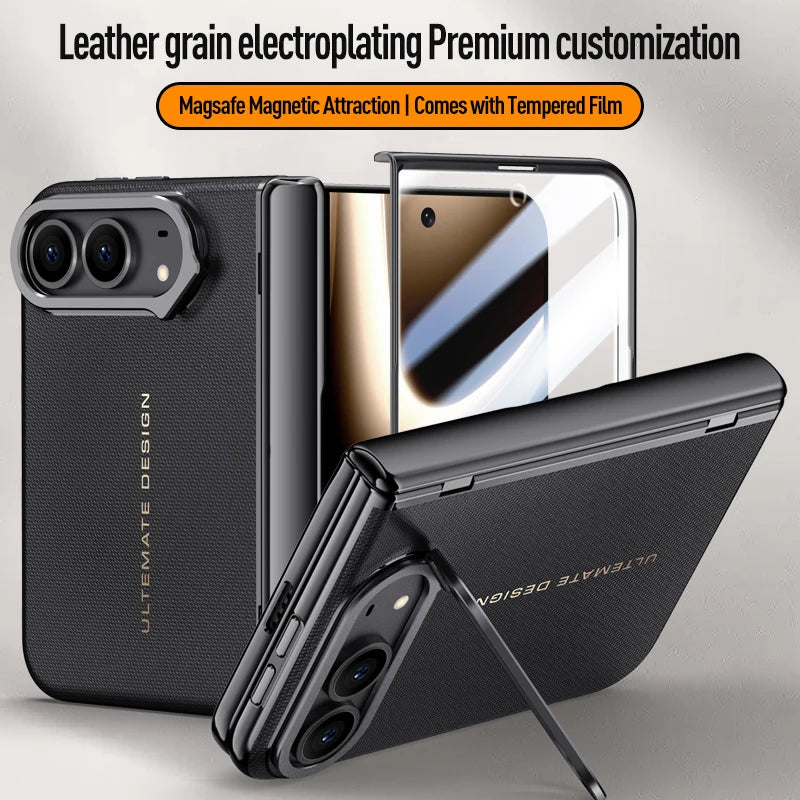 For iPhone Duo Case Electroplated Matte Leather Folding Hinge With Tempered Film Lens Bracket Shockproof Back Cover Accessories