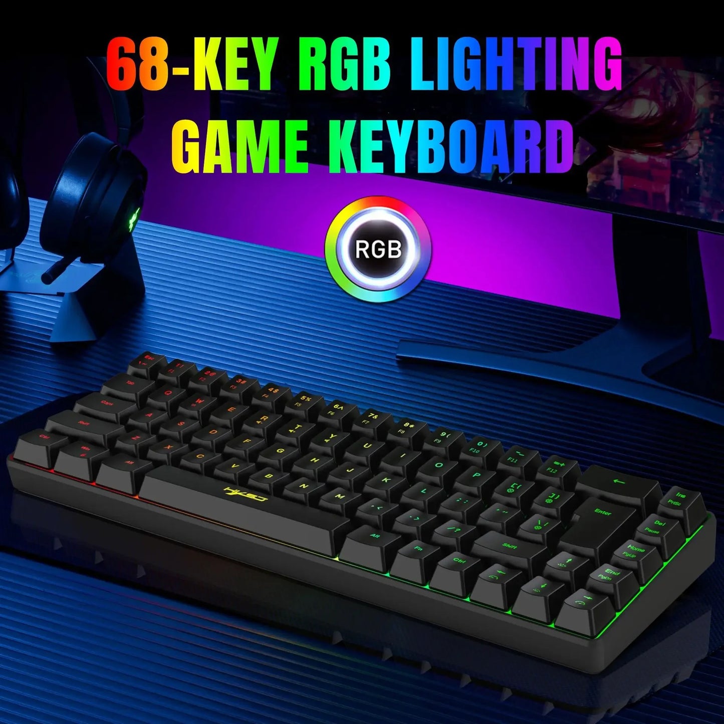 HXSJ V200 Wired Keyboard Portable 68 Key Mechanical Touch Film Gaming Keyboard 19-Key Conflict-Free Membrane  RGB Backlight