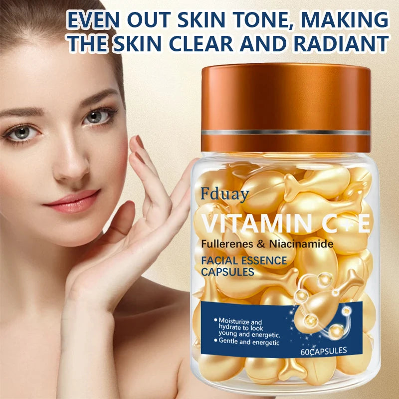 Vitamin C+E Serum Capsules, Single-Use Essence Capsules, Hydrating and Moisturizing Facial Skin 60 Capsules/Bottle - 1 Bottle