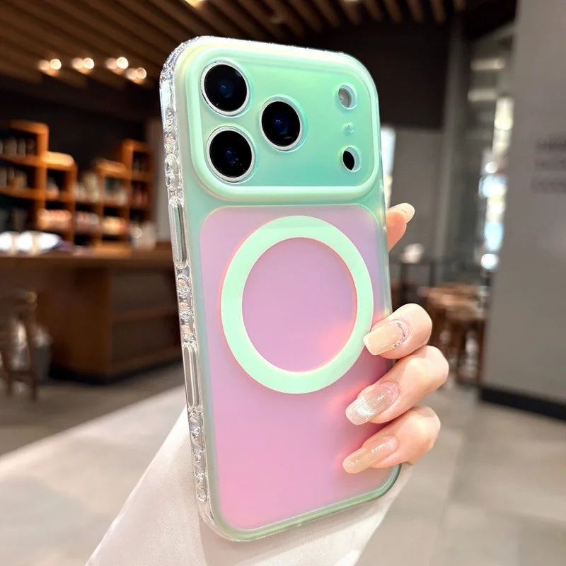 Luxury Laser Aurora Gradient For Magsafe Phone Case For iPhone 18 15 16 17 Pro Max Magnetic Wireless Charging Hard Bumper Cover