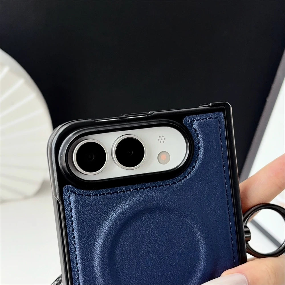 Vegan Leather Magnetic Ring Phone Case For iPhone Duo Shockproof Matte For Magsafe Wireless Charging Shockproof Back Cover