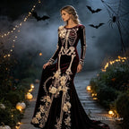 New Halloween White Bone Skeleton Long Sleeved Dress Dark Rose Printing Flower Slimming Holiday Party Dress 2026