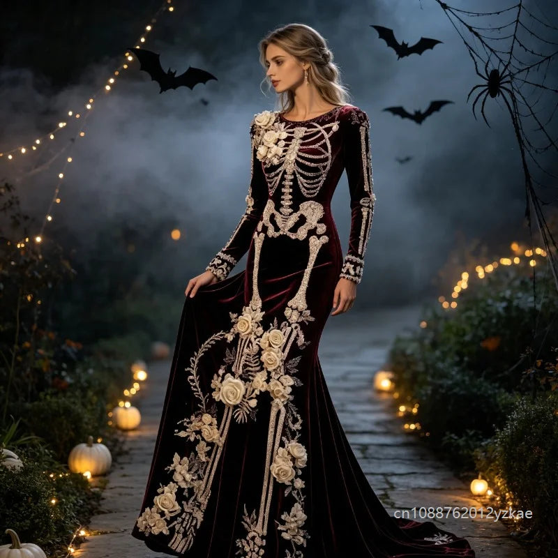 New Halloween White Bone Skeleton Long Sleeved Dress Dark Rose Printing Flower Slimming Holiday Party Dress 2026