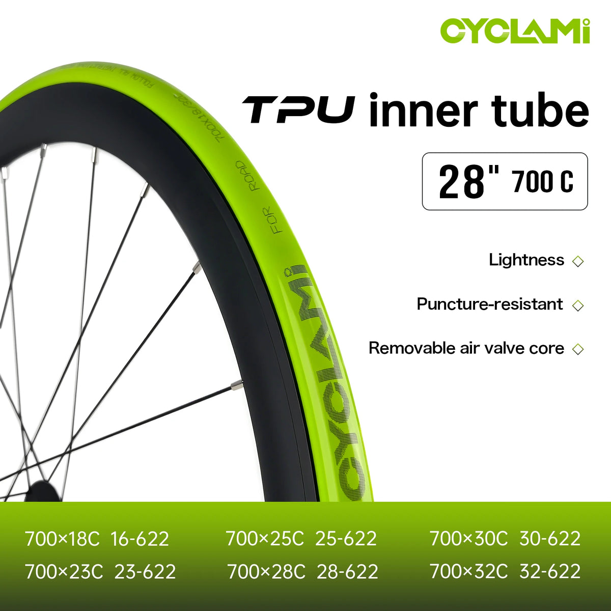 CYCLAMI Bike Inner Tube Ultralight TPU Hose Metal Presta Valve Removable Bike Accessories For Road 700C 700 18 23 25 28 30 32 C