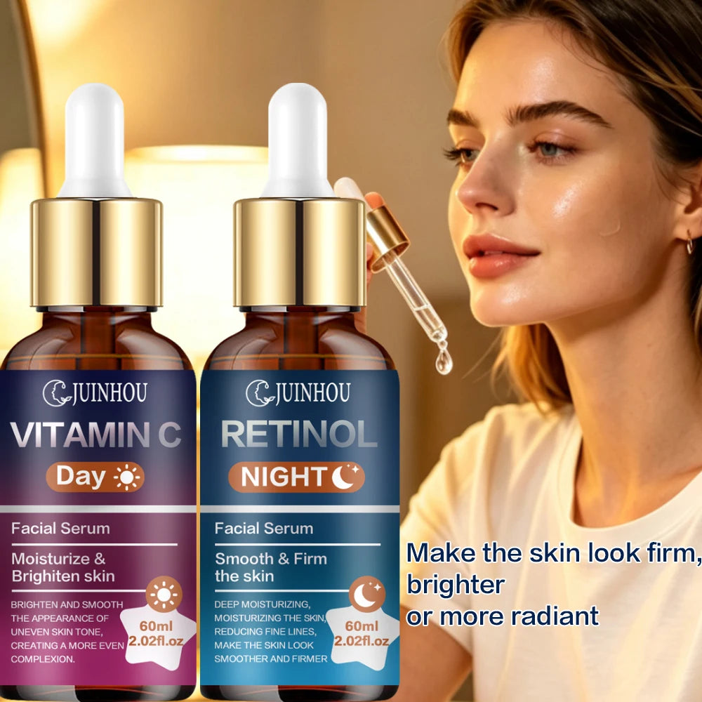 JUINHOU 2Pcs Day & Night Face Serum Set Vitamin C Retinol Hydrating Glowing Skin Make Skin Smoother And Firmer Daily Facial Care