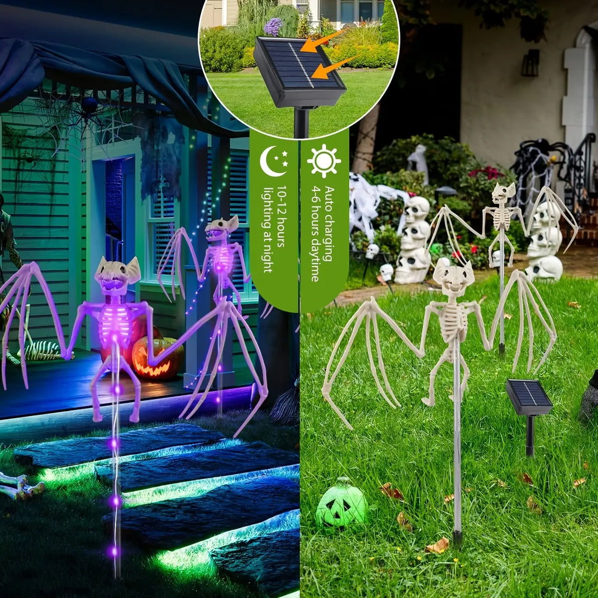 2PC/Set Halloween Outdoor Solar Garden Lights Waterproof 3D Horror Bat Skeleton Purple Orange Stake Lights House Party Decor