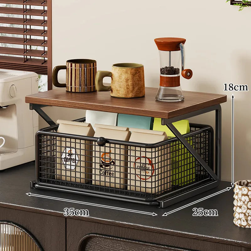 Kitchen Counter Shelf Organizer Ironwood Drawer Storage Rack Coffee Accessories Station for Room and Pantry Home Storage