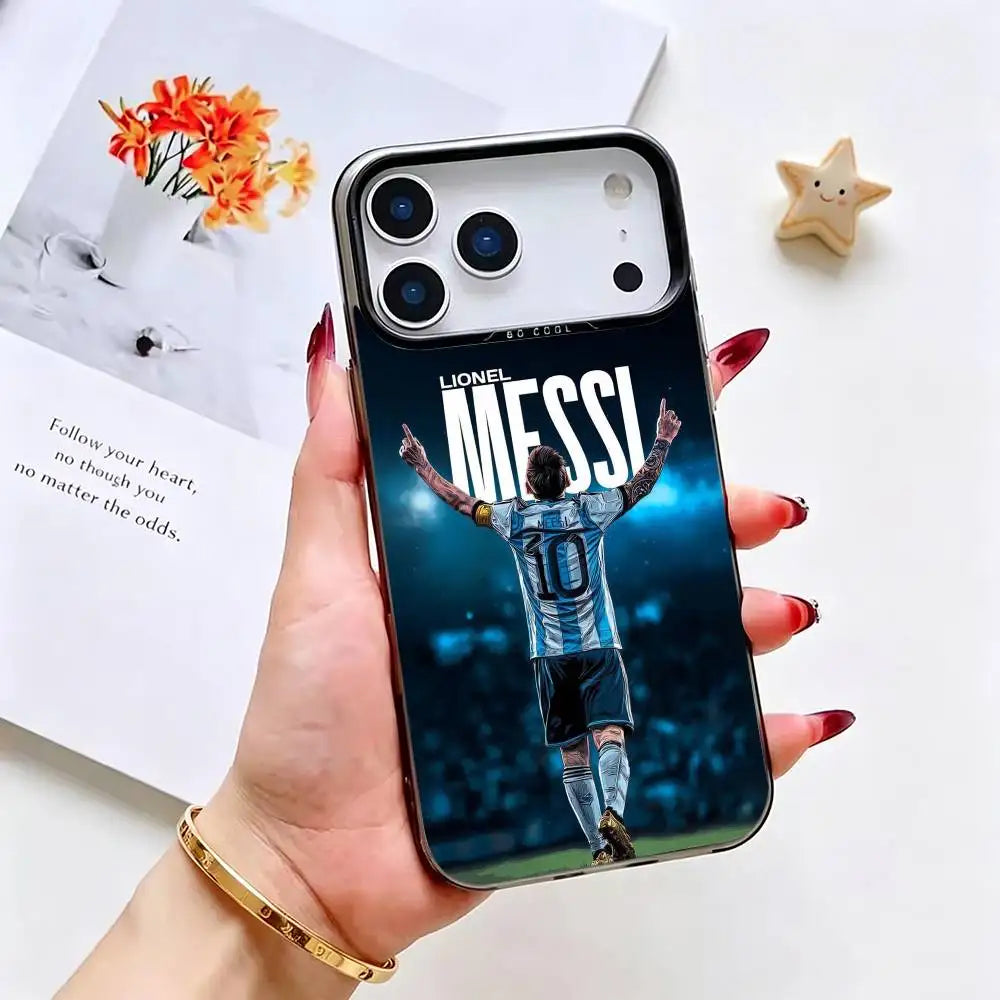 Messi Football Case for iPhone 17 16 15 14 13 12 11 Plus Pro Max Silver