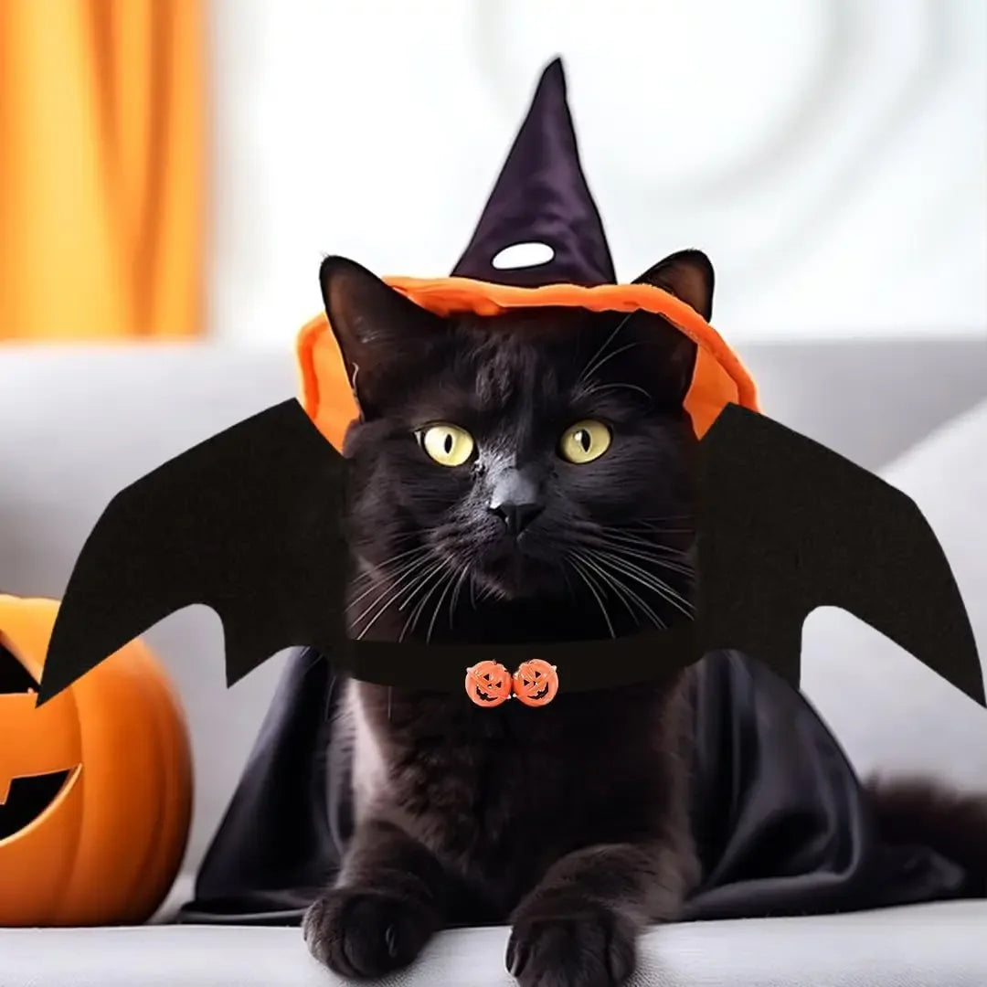 Halloween Pet Bat Wings Costume Cat Dog Clothes with 2 Pumpkin Bells Cosplay Outfit for Small Cats Dogs Party Dress Up Fun
