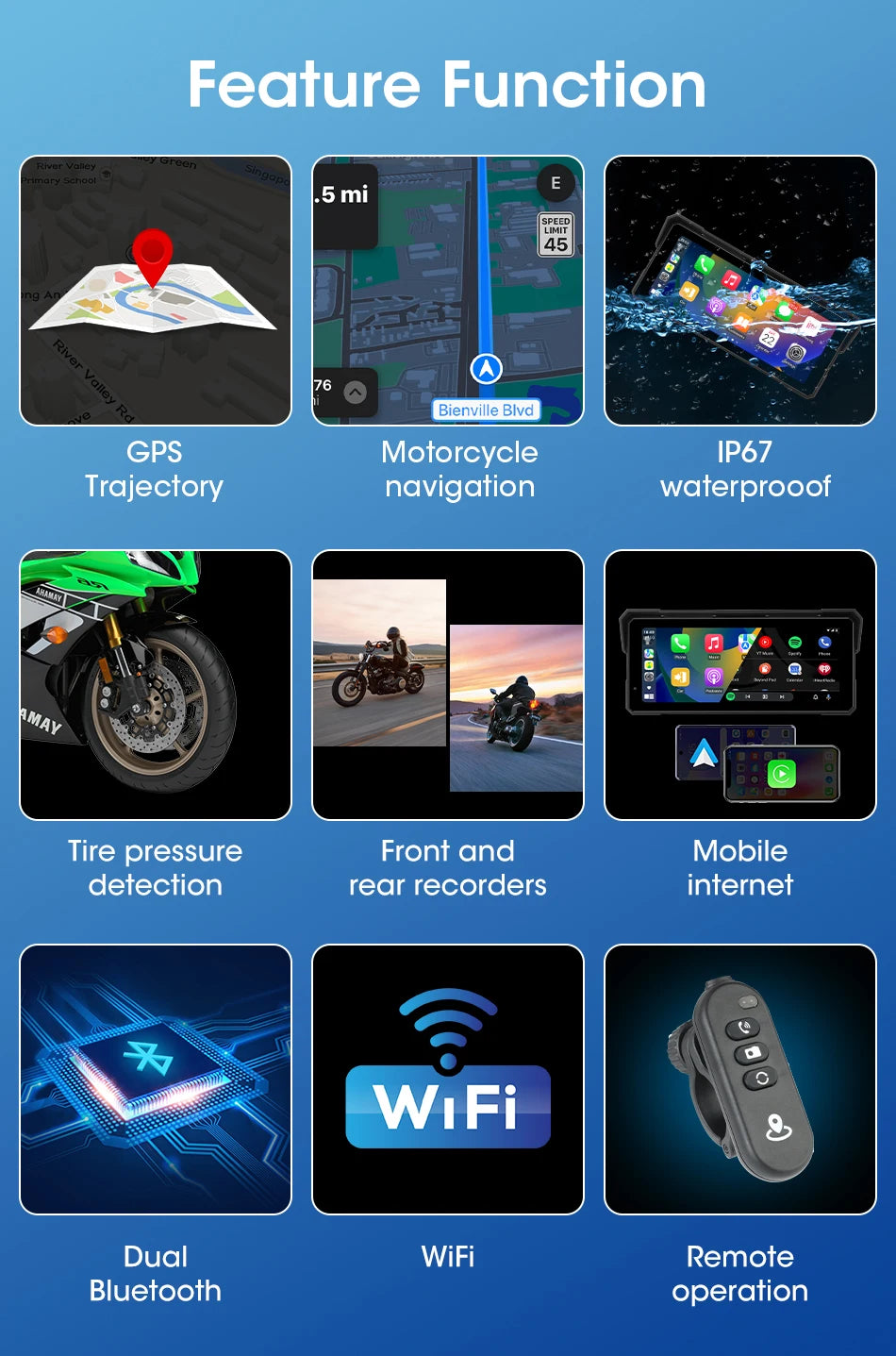 Jansite Portable 8.1 inch IP67 Waterproof Motorcycle 4K DVR GPS Navigation Wireless Carplay Android Auto Moto Recorder Monitor