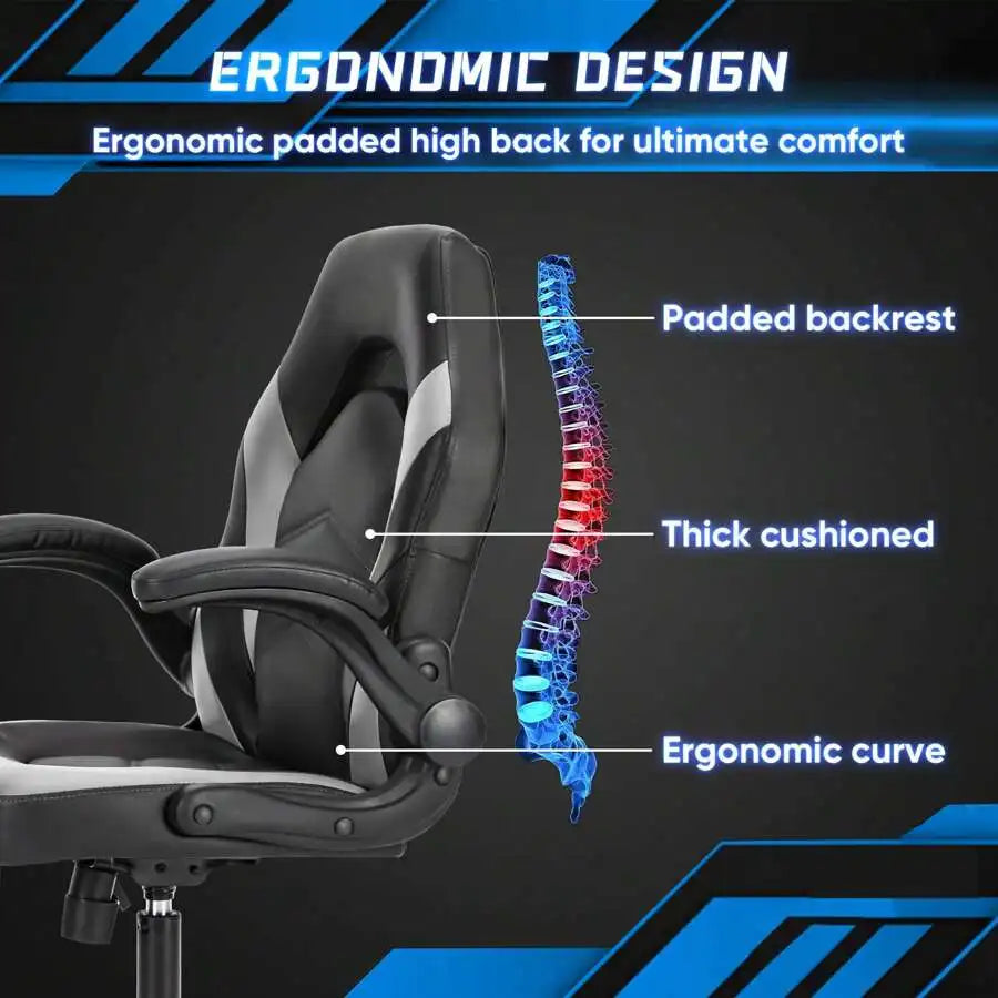 Big And Tall Office Desk Leather Gaming Computer Chair With Adjustable Swivel Task And Flip-Up Arms For Adults