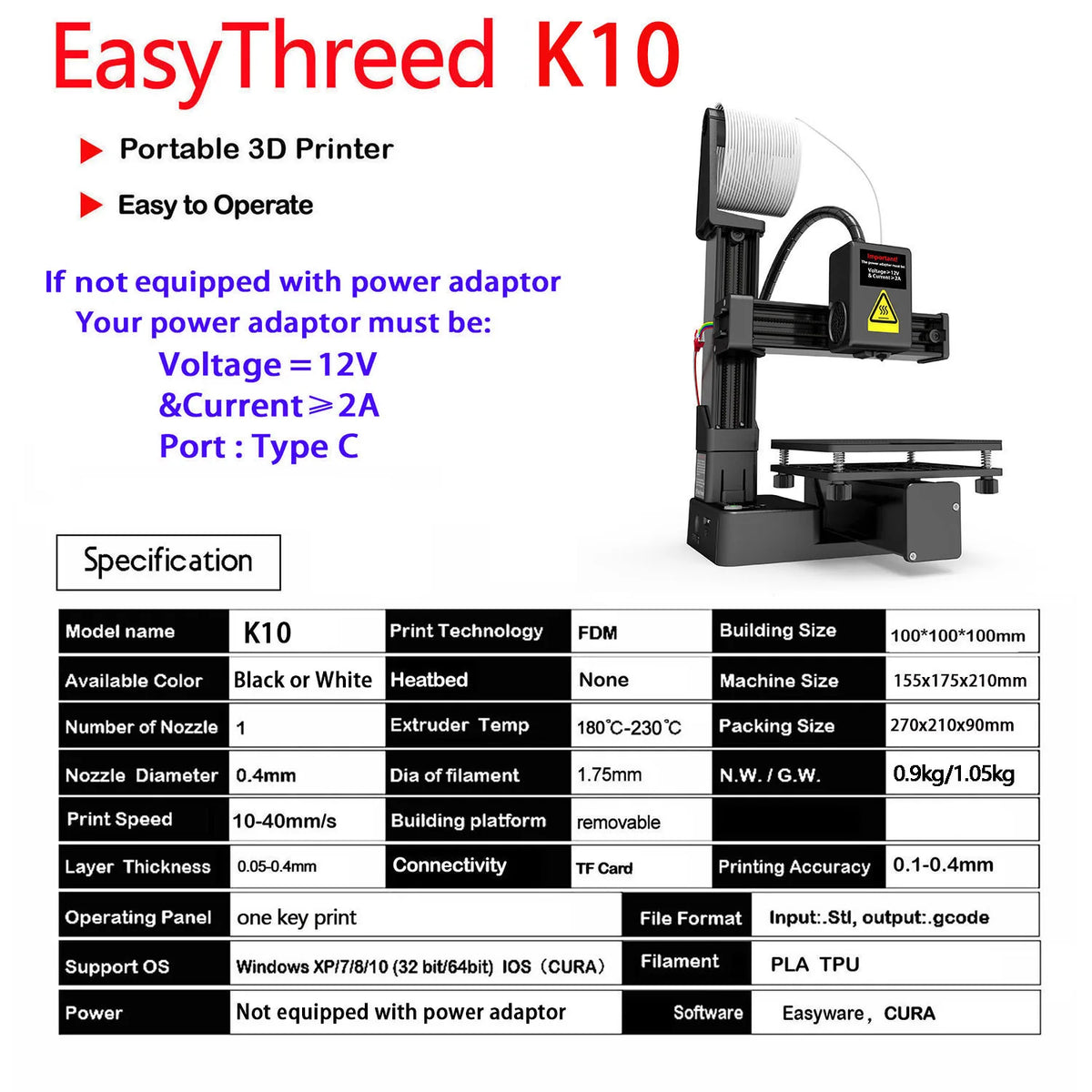 EasyThreed 3D Printer  Entry Level  Compatible with PLA TPU 1.75mm Filament  include Power Adaptor.
