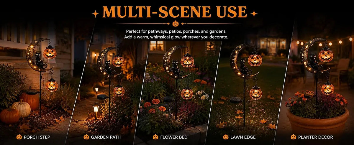 Solar Halloween Black Cat & Pumpkin Moon Garden Stake Light, Solar Garden Decoration, Outdoor Waterproof Metal Pumpkin Stake